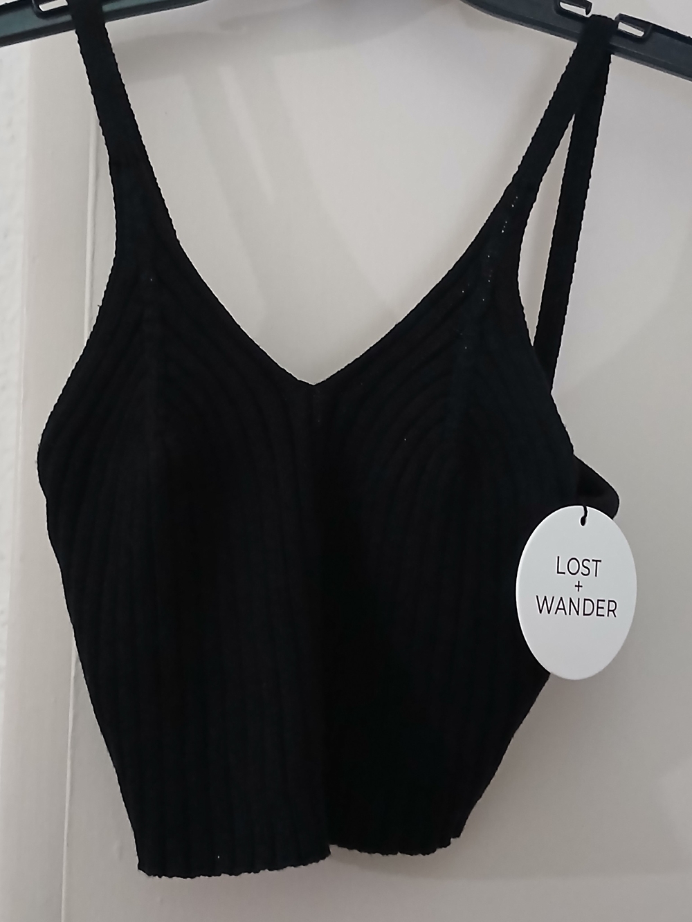 NWT -Lost + Wander Black Ribbed V-Neck Home Before Dark Crop Tank Top